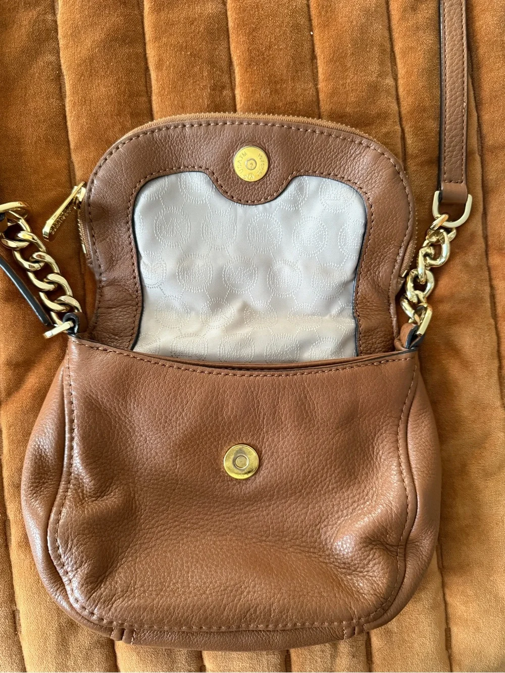 Michael Kors Cognac Leather Crossbody with Gold Chain Detail